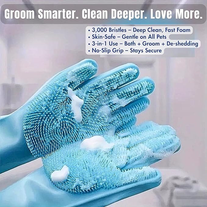 #1 Reusable Silicone Bath & Grooming Gloves – 2-in-1 Deshedding Mitts for Dogs, Cats & Rabbits | Safe Non-Electric Hair Remover | Quick Foam, Massage & Easy Clean