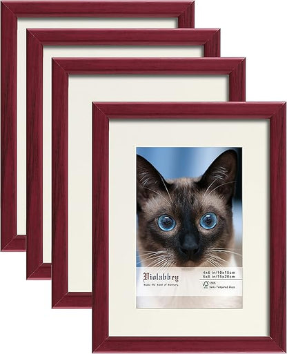 VIOLABBEY 6x8 Picture Frame Red, Photo Frame Set of 4, Display 4x6 Photo with Mat and 6x8 without Mat, Wall or Tabletop, HD Real Glass