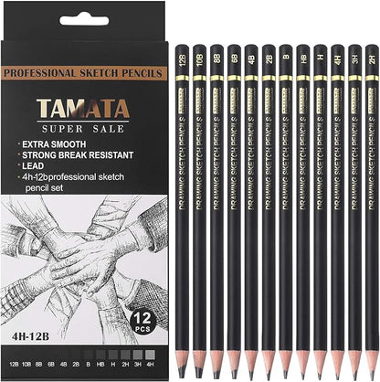 RVOGJP TAMATA Professional Drawing Sketching Pencil Set - 12 Pieces Art Graphite Pencils(12B - 4H), Ideal for Drawing Art, Sketching, Shading, for Beginners & Pro Artists
