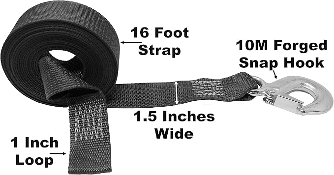 CustomTieDowns 1.5 Inch Strap, Forged Snap Hook On One End, 1 Inch Loop Opening On The Opposite End for Attachment to Winch, Total Strap Length 16 Ft, Polyester Tie-Down Webbing.