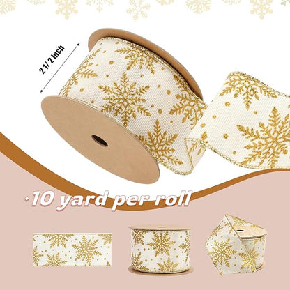 LaRibbons Gold Christmas Wired Ribbon, 2.5 Inch x 10 Yards Gold Snowflake Burlap Ribbon for Tree Decoration,Wreath,Bows,Gift Wrapping