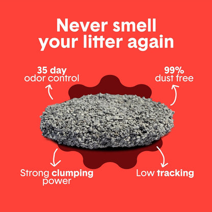 Boxie Extra Strength Clumping Cat Litter Multi Cat 35 Day Odor Control 16lb Probiotic technology works continuously at the source; Hard Flat Top clumps for fast scooping and less waste