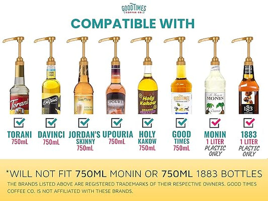 Gold Coffee Syrup Pump for 750ml Bottles (Pack of 1)  Fits Torani, (Monin 1 Liter Plastic Bottle Only), DaVinci, Jordan's Skinny, and Upouria