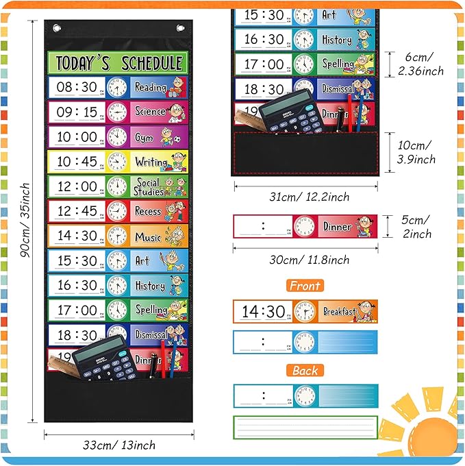 Chinco Daily Schedule Pocket Chart School Class Schedule Kit 13+1 Pocket Chart, 2 Hook, Title Card, 30 Double-Sided Blank Erasable Card for Classroom School or Home(Black)