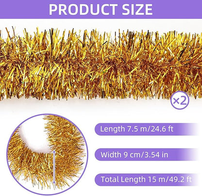 50 Feet Gold Tinsel Garland Christmas Foil Tinsel Garland Decoration Metallic Banner Wall Hanging Tinsel Streamers Garland for Christmas Tree Birthday Party Decorations (3.54" x 50', Gold)