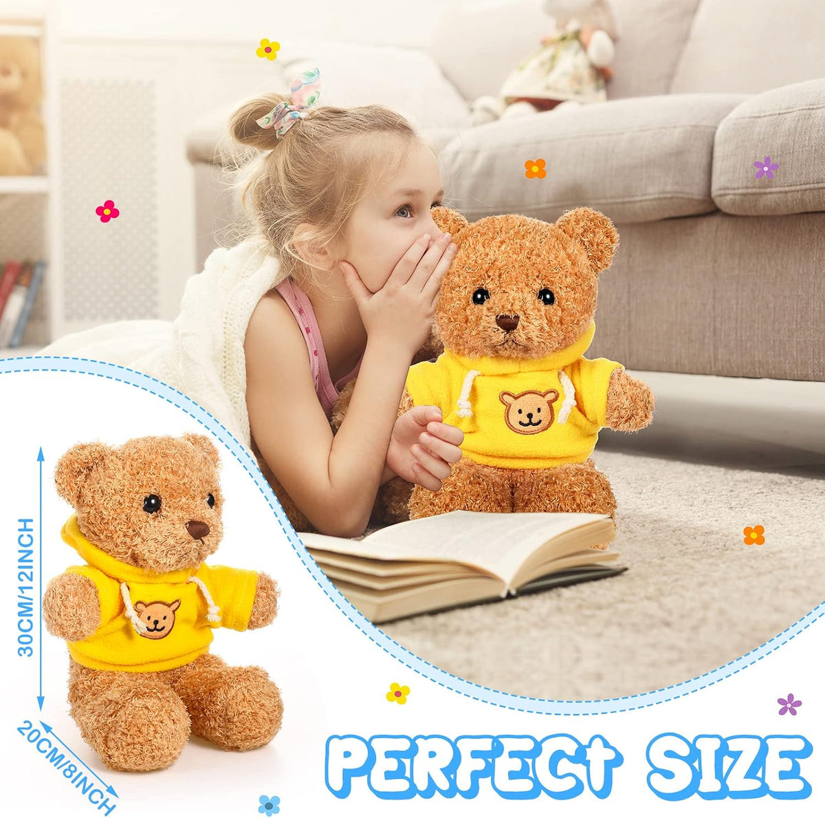 HyDren 4 Pcs Bears Stuffed Animal Soft Plush Toys Valentine 12 Inches Cute Small Shaggy Bear with Hoodie Bow Tie for Kids Boys Girls Baby Shower Birthday Party (Bow Tie Style,Light Brown)