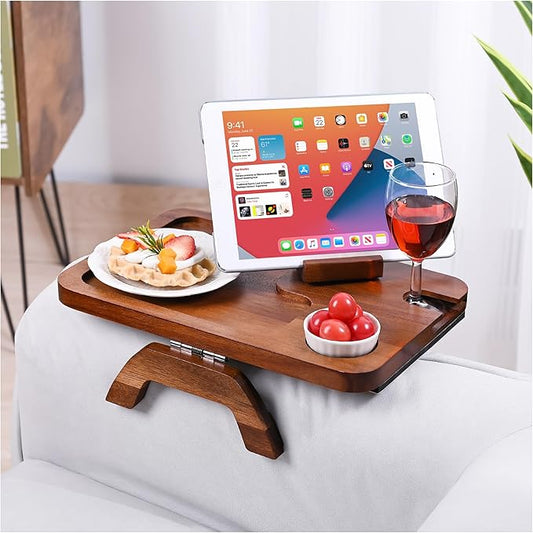 Upgrade Sofa Arm Tray, Bamboo Couch Arm Table with Wine Cup Holder, Foldable Armrest Tray Clip on Wide Couches for Eating, Drinks, Snacks, Remote, (Brown)