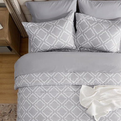 Bedsure Queen Comforter Set 7 Pieces - Grey Quatrefoil Comforters Queen Size, Lightweight Bedding Sets for All Season, Bed in a Bag with Comforters, Sheets, Pillowcases  Shams