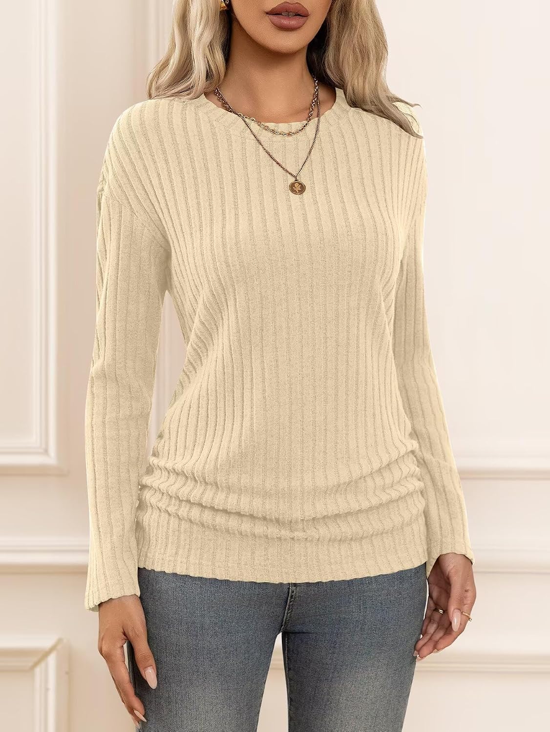 Large Bliwov Long Sleeve Shirts for Women Fall Fashion Outfits CrewNeck Tops Sides Ruched Spring Pullover Sweaters Tunic Clothes
