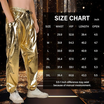 Mens Metallic Pants Disco Outfit Drawstring Waistband Rave Trousers Sequin Joggers with Pockets