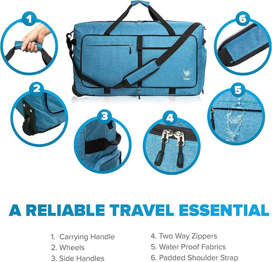 Bago Rolling Duffle Bag with Wheels - 30" 100L Foldable Weekender Bag, Waterproof Travel Duffel Bag, Heavy Duty lightWeight Duffle Bag for Traveling, Rolling Duffel Bag with Wheels (SnowBlue)