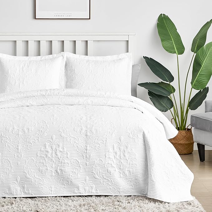 Hansleep White Quilt California King Size - Damask Ultrasonic Summer Bedspread California King, Soft Lightweight Coverlet Bedding Set, 3 Pieces (1 Quilt, 2 Pillow Shams)