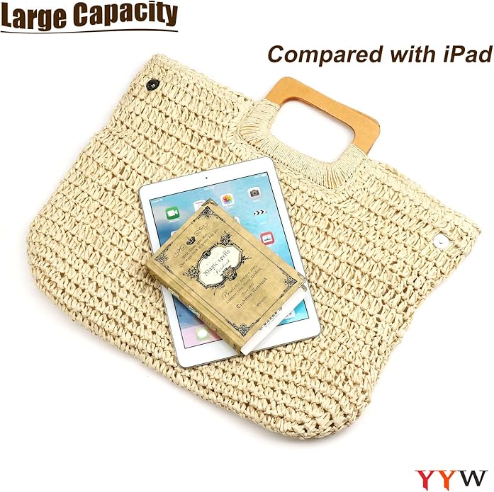 YYW Straw Tote Bag Women Hand Woven Large Casual Handbags Hobo Straw Beach Bag with Lining Pockets for Daily Use Beach Travel