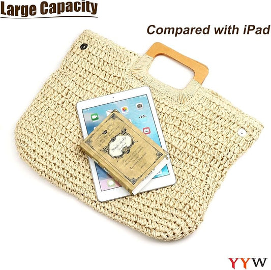YYW Straw Tote Bag Women Hand Woven Large Casual Handbags Hobo Straw Beach Bag with Lining Pockets for Daily Use Beach Travel