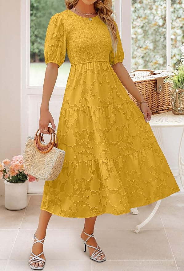 ZESICA Women's 2025 Summer Short Puff Sleeve Crewneck Smocked Floral Lace Flowy A Line Tiered Maxi Dresses