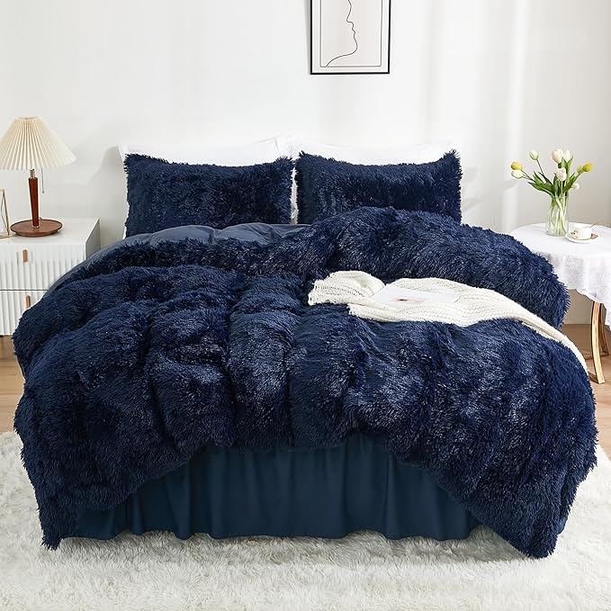 annadaif Fluffy Duvet Cover Queen Size, Navy Blue Plush Shaggy Faux Fur Comforter Cover Velvet Bedding Set with Zipper Closure(1 Duvet Cover, 2 Pillowcases)