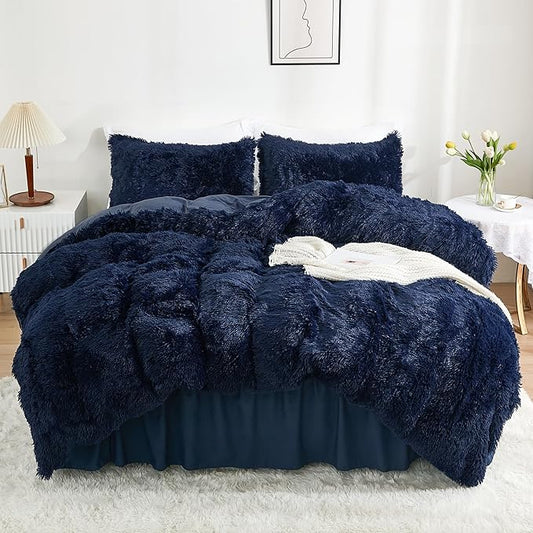 annadaif Fluffy Duvet Cover Queen Size, Navy Blue Plush Shaggy Faux Fur Comforter Cover Velvet Bedding Set with Zipper Closure(1 Duvet Cover, 2 Pillowcases)
