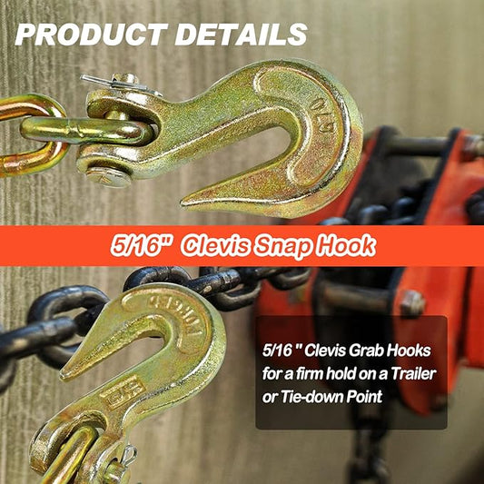 516" x 20' Grade 70 Transport Binder Chain with G70 Clevis Grab Hooks 4,700 Safe Working Load for Load Tie-Down Fixed Cargo Flatbed Truck Trailer Chain-1Pack