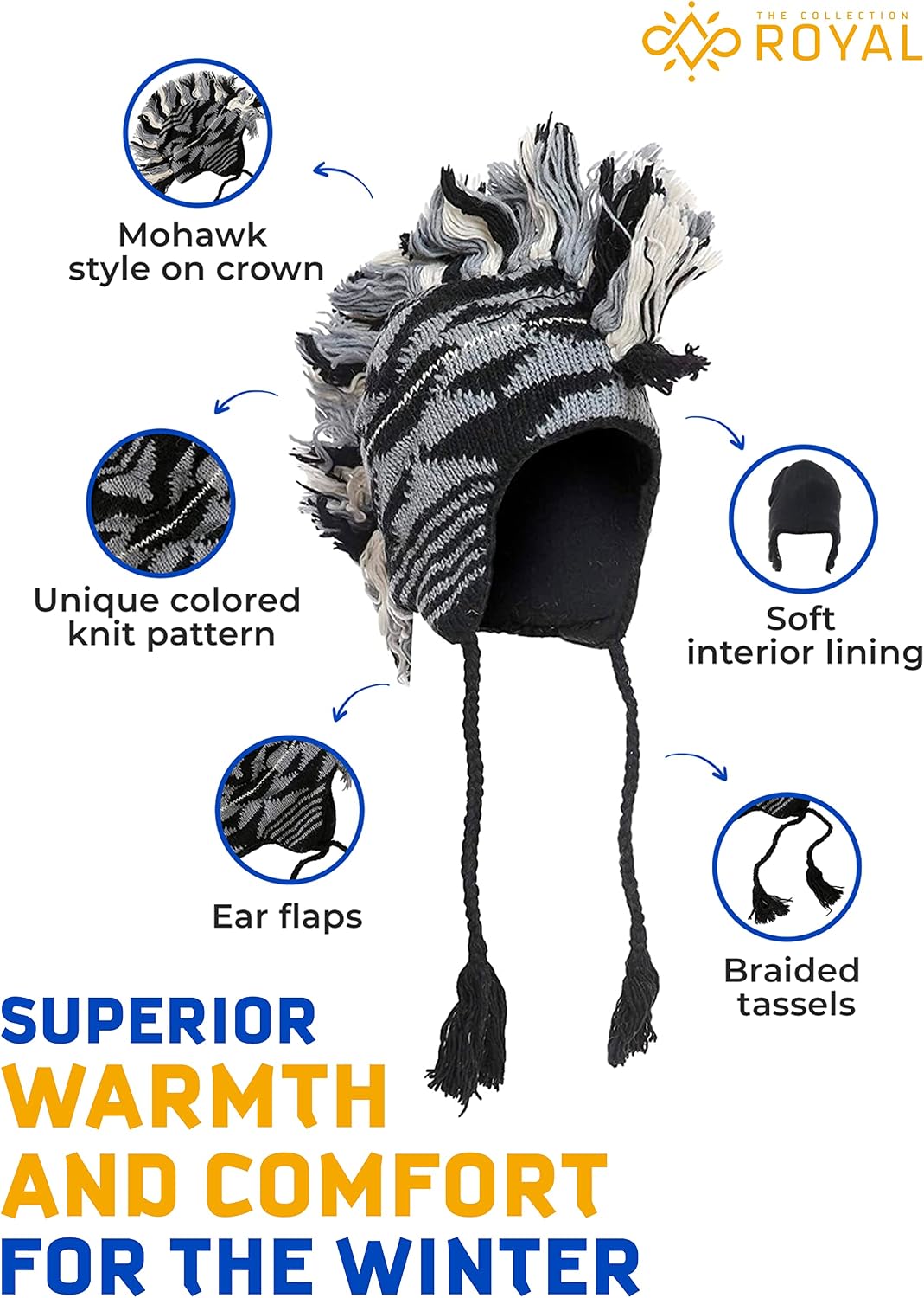 THE COLLECTION ROYAL Mohawk Woolen Lined Winter Beanie Ear Flap Beanie Men Hat ( Navy Blue, White and Gray)
