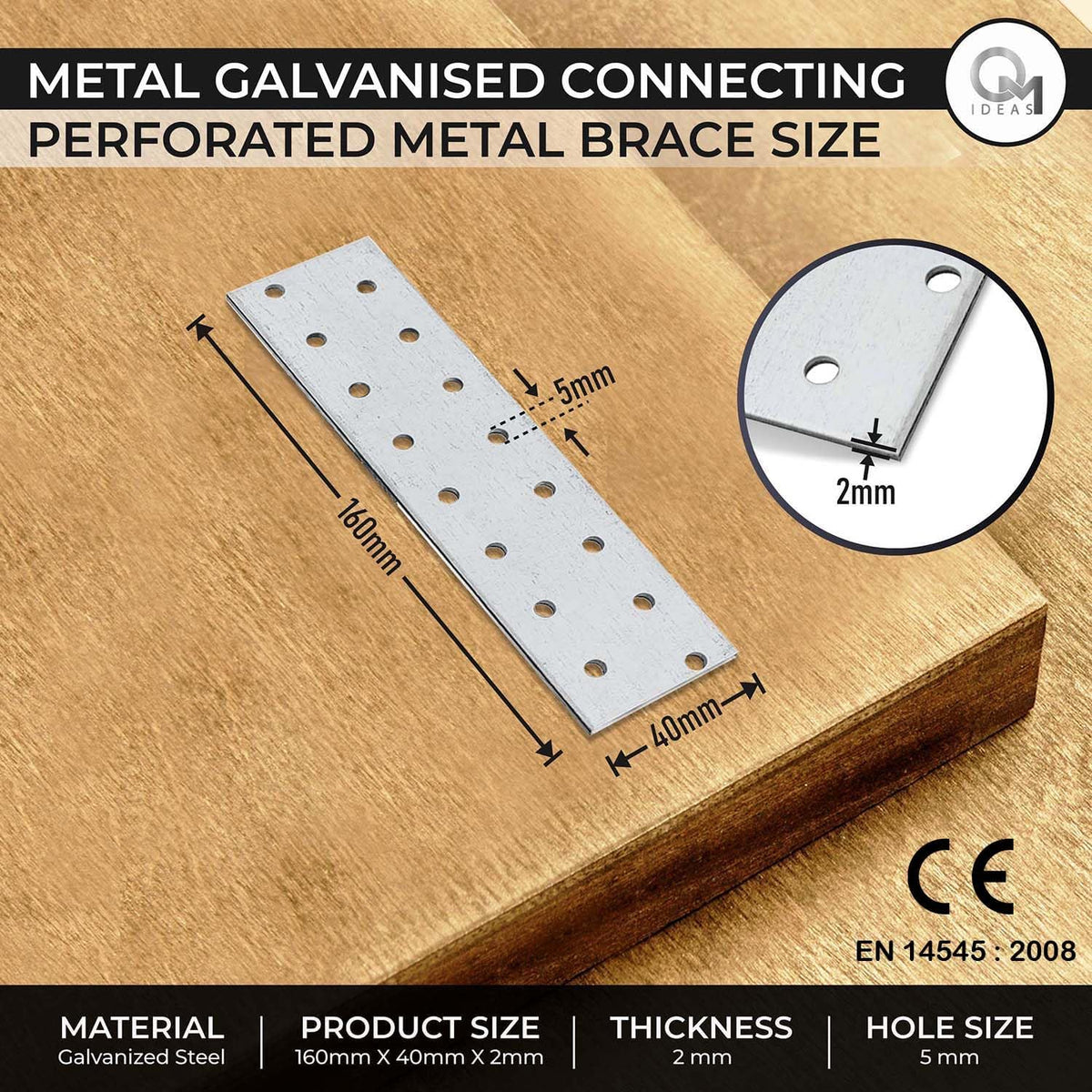 10 Pack Flat Joining Nail Plates (6.30" x 1.57" x 0.08") Connecting Perforated Metal Brace Bracket Timber Wood Fixing Galvanised Steel Repair Connector