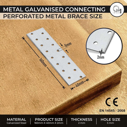 10 Pack Flat Joining Nail Plates (6.30" x 1.57" x 0.08") Connecting Perforated Metal Brace Bracket Timber Wood Fixing Galvanised Steel Repair Connector