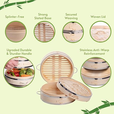 Dumpling Bamboo Steamer 10 Inch 2 Tier Wooden Basket With Handle, Reusable Silicone Liner, Kit For Cooking Baby Bao Bun, Dim Sum, Rice Potsticker Steaming Chinese Asian Food  Vegetables