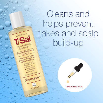Neutrogena T/Sal Therapeutic Dandruff Shampoo, Scalp Build-Up Control, 3% Salicylic Acid,Psoriasis Treatment, Seborrheic Dermatitis Shampoo, Clears Flakes, Fragrance Free, 4.5 fl oz (Open Container)