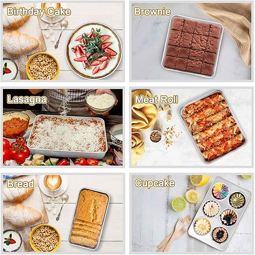 TeamFar Stainless Steel Bakeware Set of 8, Baking Roasting Toaster Oven Pans, Lasagna/Square/Round Cake Pan, Loaf Pan & Muffin Pan, Non-Toxic & Sturdy, Smooth & Dishwasher Safe