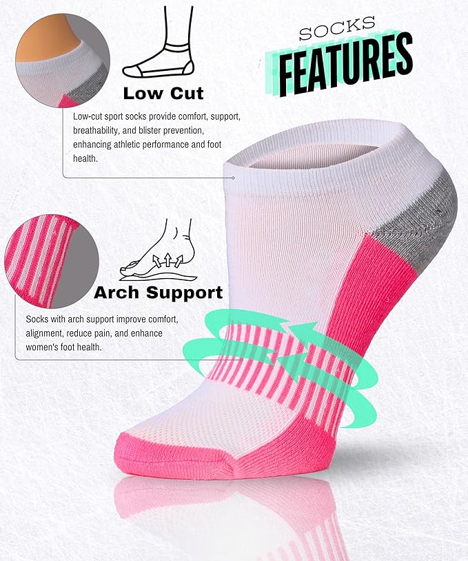 Tipi Toe Women's Athletic Cushioned Comfort Ankle Socks With Arch Support, Mesh Design. Perfect for Running & Sports (6 Pack)