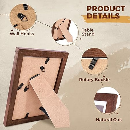5x7 Oak Picture Frame with Mat for 4x6, Solid Wood Photo Frame for Wall or Tabletop Display, Unqiue Gift for Wedding Birthday Christmas (Brown, 1pc)