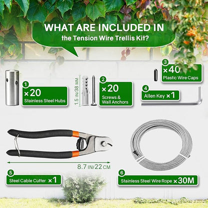 NEREUS Wire Trellis 20 Pack T316 Stainless Steel Hubs with 98FT 18" Wire Rope, Cable Trellis System for Climbing Plants, Tensioned Wire Trellis Kits for Brick Wall