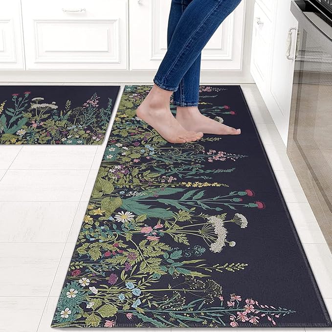 Farmhouse Kitchen Rugs and Mats Sets of 2, Weeds Floral Kitchen Decoration Rubber Backing Non-Slip Mats for Sink Waterproof Floor Mat for Laundry Room,17x3017x48inch