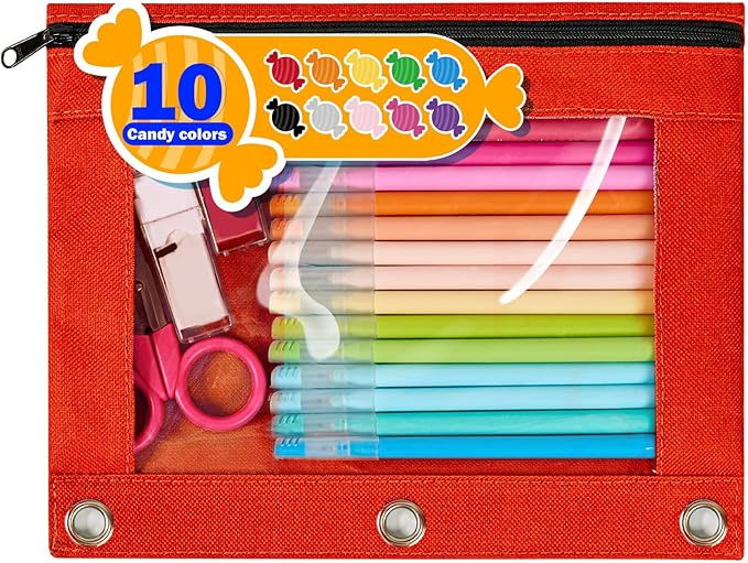 Forvencer Pencil Pouch for 3 Ring Binder, Large Pencil Case Pouch with 3 Reinforced Grommets, Pen Bag, Clear Window Pencil Case, Binder Accessories, Cherry Red