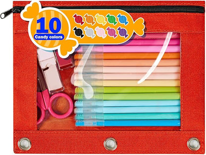 Forvencer Pencil Pouch for 3 Ring Binder, Large Pencil Case Pouch with 3 Reinforced Grommets, Pen Bag, Clear Window Pencil Case, Binder Accessories, Cherry Red
