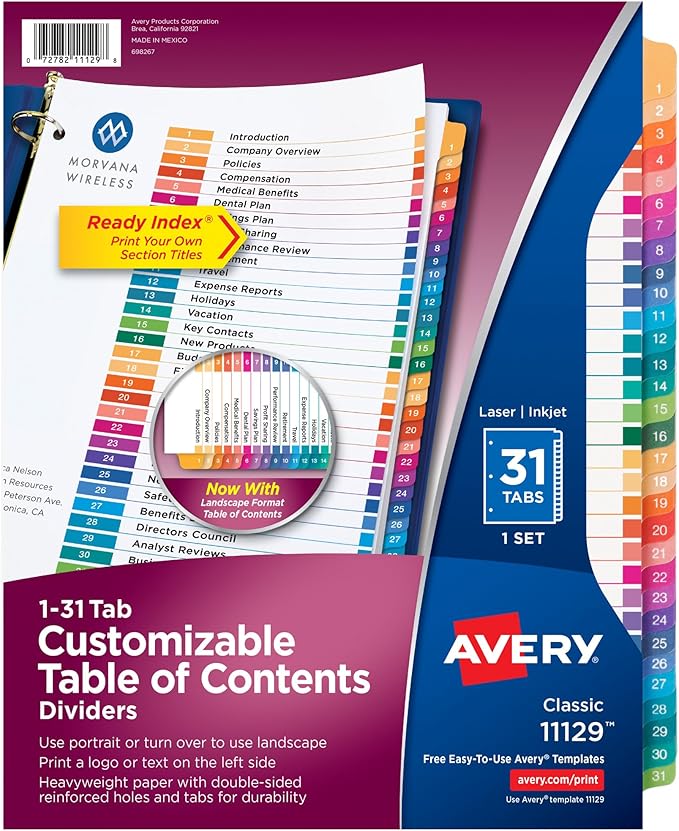 Avery 1-31 Tab Dividers for 3 Ring Binders, Customizable Table of Contents, Multicolor Tabs, 1 Set (11129)