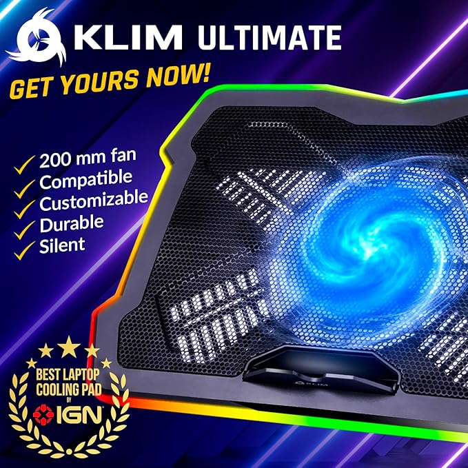 KLIM Ultimate - RGB Laptop Cooling Pad with LED Rim - New - Gaming Laptop Cooler - USB Powered Fan - Very Stable and Silent Laptop Stand - Compatible up to 17" - PC Mac PS5 PS4 Xbox One