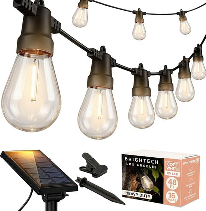 Pro Solar Powered Outdoor String Lights, 54 ft Commercial Grade Waterproof Patio Lights, 15 Edison Bulbs, Shatterproof LED String Lights for Outside, Porch - 1W Soft White