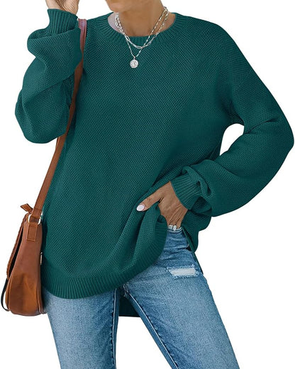 MEROKEETY Women's 2025 Fall Long Balloon Sleeve Crew Neck Sweater Tops Waffle Knit Soft Pullover Jumper