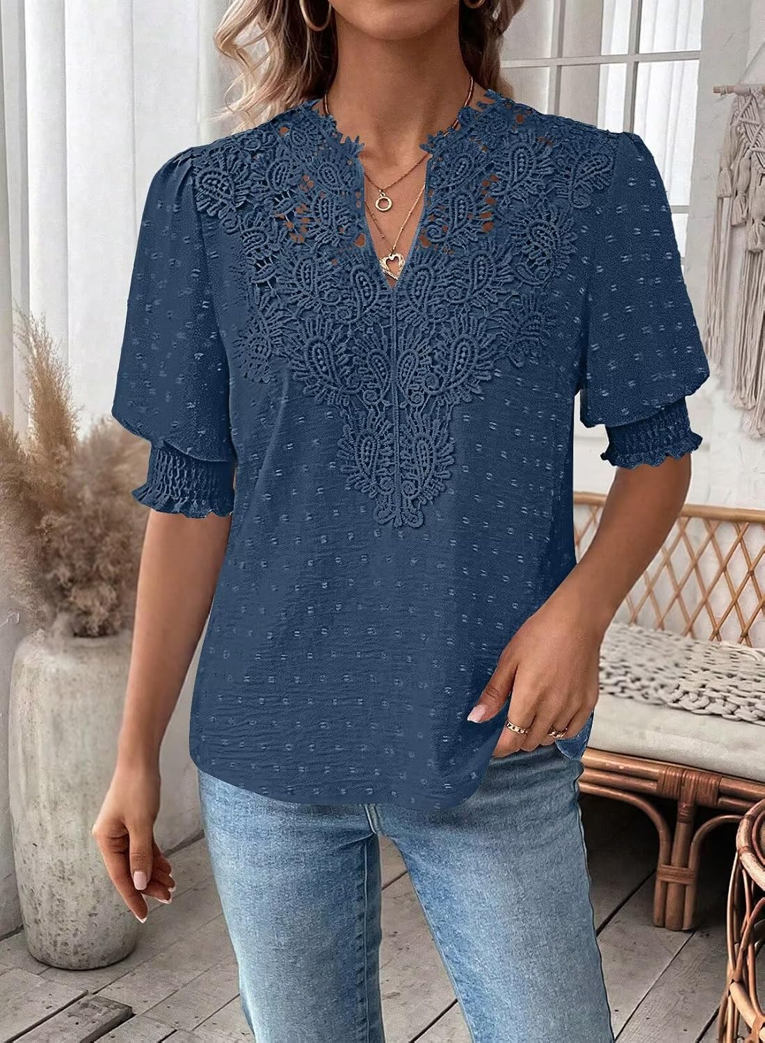 Falechay Womens Tops Swiss Dot Boho Short Sleeve Shirts V Neck Casual Chiffon Blouses Flowy Lace Cute Clothing Trendy 2026