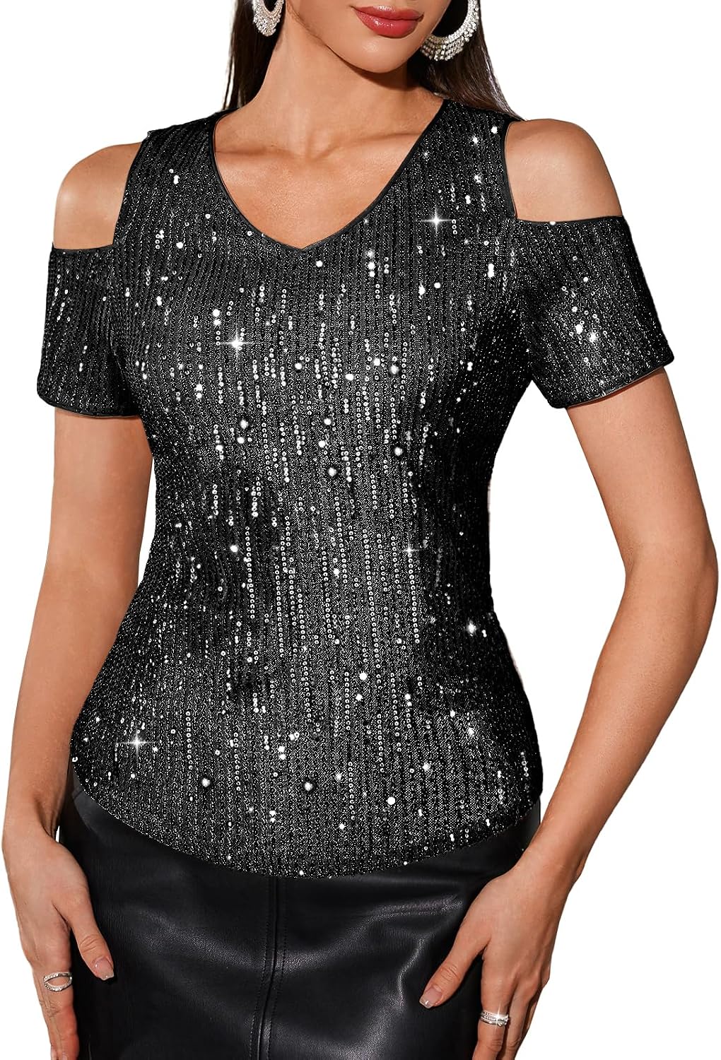 DRESSTELLS Women's Sequin Sparkly Tops, Holiday Party Glitter Cocktail V-Neck Short Sleeve Shirts for Concert Club