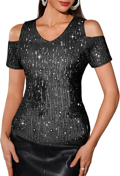 DRESSTELLS Women's Sequin Sparkly Tops, Holiday Party Glitter Cocktail V-Neck Short Sleeve Shirts for Concert Club