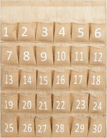 Juvale 30-Row Burlap Cell Phone Holder for Classroom, Farmhouse Designed White Numbered Hanging Pocket Organizer for Mobile Phones, Calculator Caddy, Organization (23x31 in)
