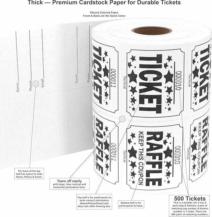 Tacticai 500 Raffle Tickets, White (1 of 8 Colors), Double Roll, Large Ticket for Events, Entry, Class Reward, Fundraiser  Prizes