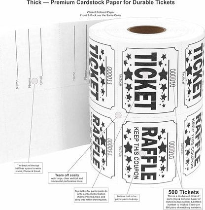 Tacticai 500 Raffle Tickets, White (1 of 8 Colors), Double Roll, Large Ticket for Events, Entry, Class Reward, Fundraiser  Prizes