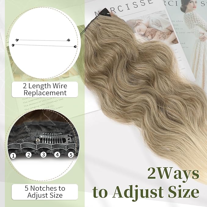 KooKaStyle Invisible Wire Hair Extensions with Transparent Wire Adjustable Size 4 Secure Clips Long Wavy Secret Synthetic Hairpiece 20 Inch for Women(Ash Brown mix Bleach Blonde)