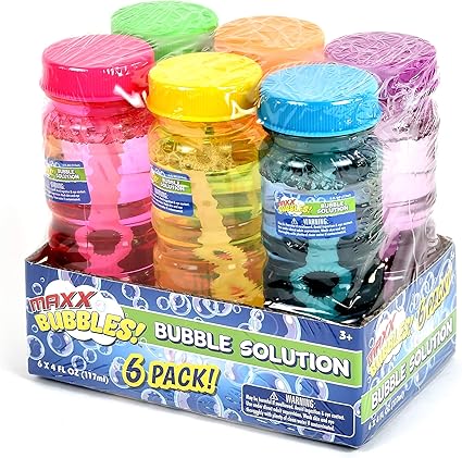 Sunny Days Entertainment 6 Pack Bubble Solution  4oz Bubble Blower Bottles with 6-Hole Wand  Bottle of Bubble Solution for Kids  Birthday Party Favor Toy - Maxx Bubbles