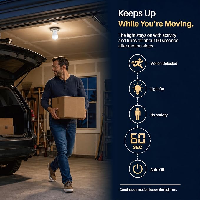 Motion Sensor LED Light Bulb 9W with E26 Base, PIR Motion-Activated in The Dark, Automatically ON/Off by Dual Sensors, 5 Color Temperatures Turnable, Pack of 2