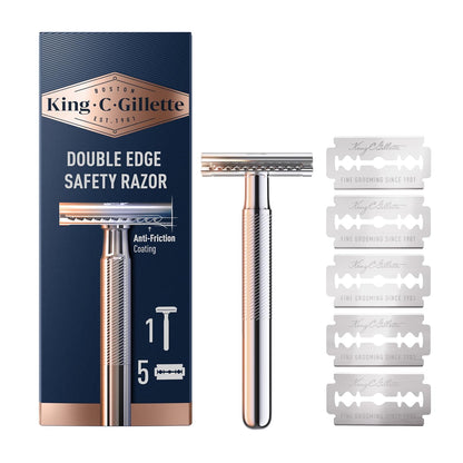 King CC. Gillette Safety Razor with Chrome Plated Handle and 5 Platinum Coated Double Edge Safety Razor Blade Refills, Holiday Gifts for Men