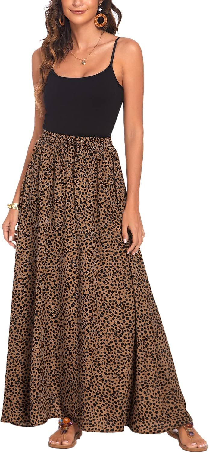 Bluetime Women Flowy Long Skirts Summer Beach Pleated Elastic High Waisted Casual Maxi Skirts