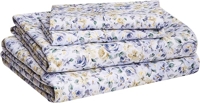 Basics Soft, Easy Care Deluxe Brushed Microfiber Queen Bed Sheets, 4-Piece, Blue Floral